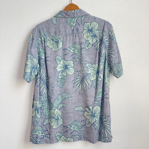 Tommy Bahama Men 100% Silk Hawaiian Shirt Medium Gray Blue Marlin Floral Print - Picture 3 of 10